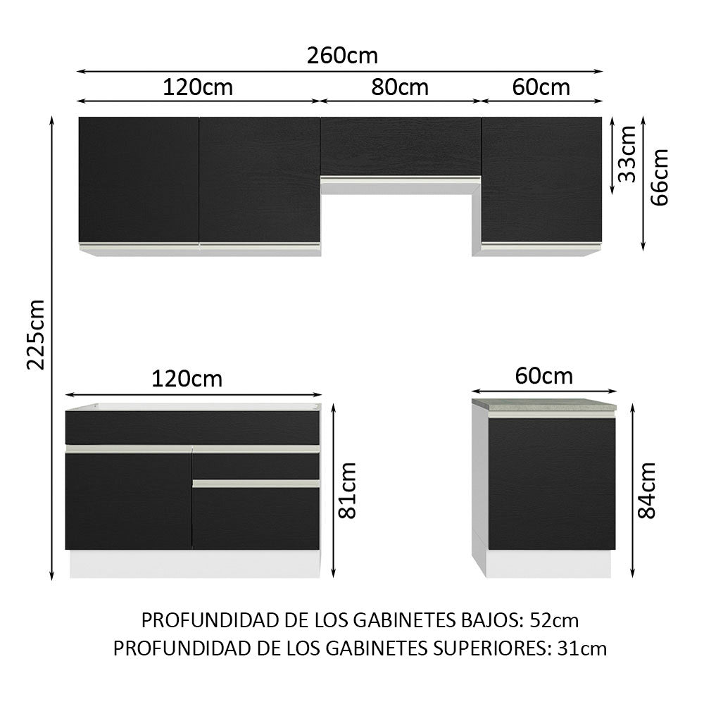 Cocina Integral 260 cm Blanco/Negro Glamy Madesa