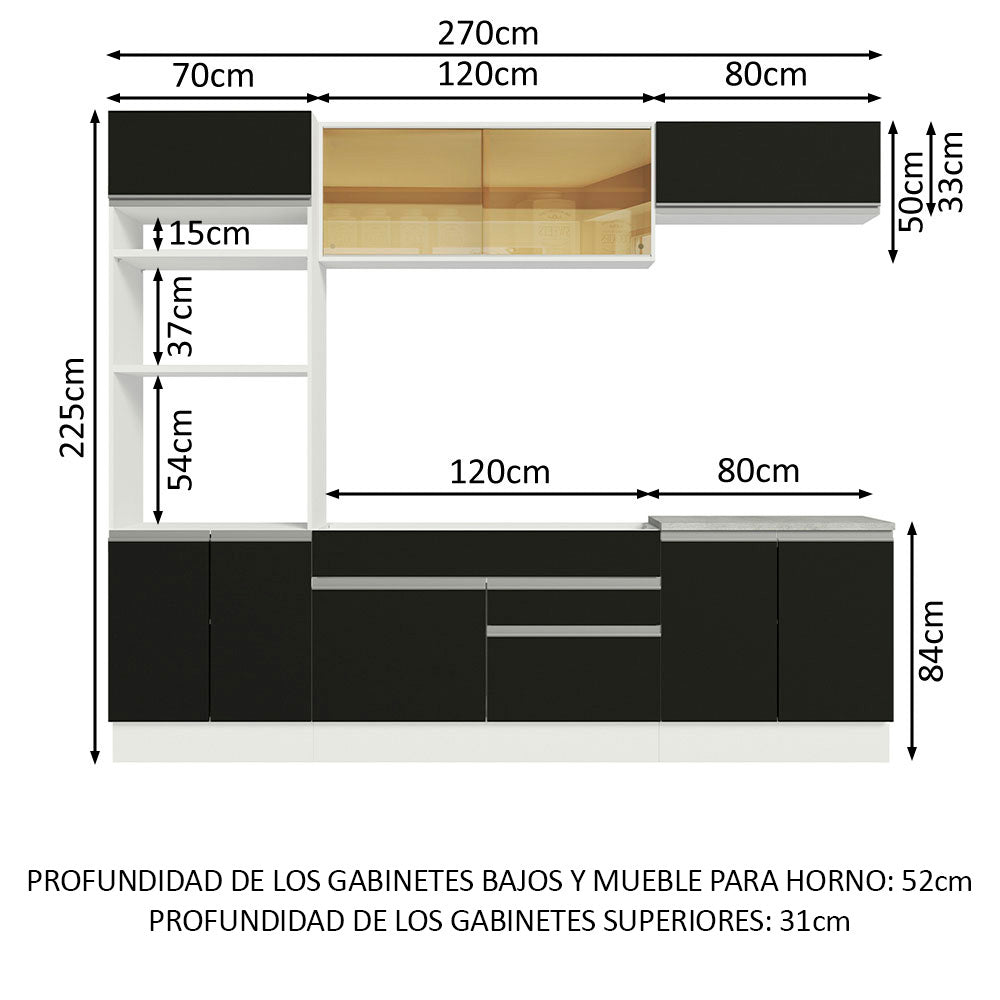 Cocina Integral 270 cm Con Mueble para Horno Blanco/Negro Glamy Madesa