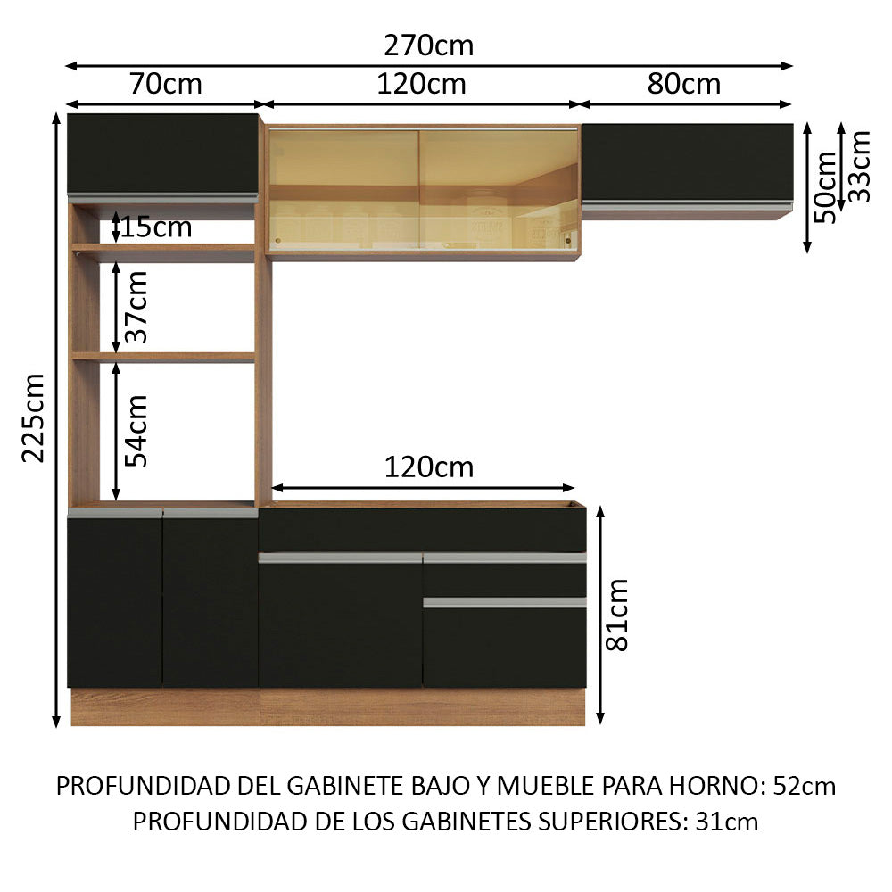 Cocina Integral 270 cm Con Mueble para Horno Marrón/Negro Glamy Madesa