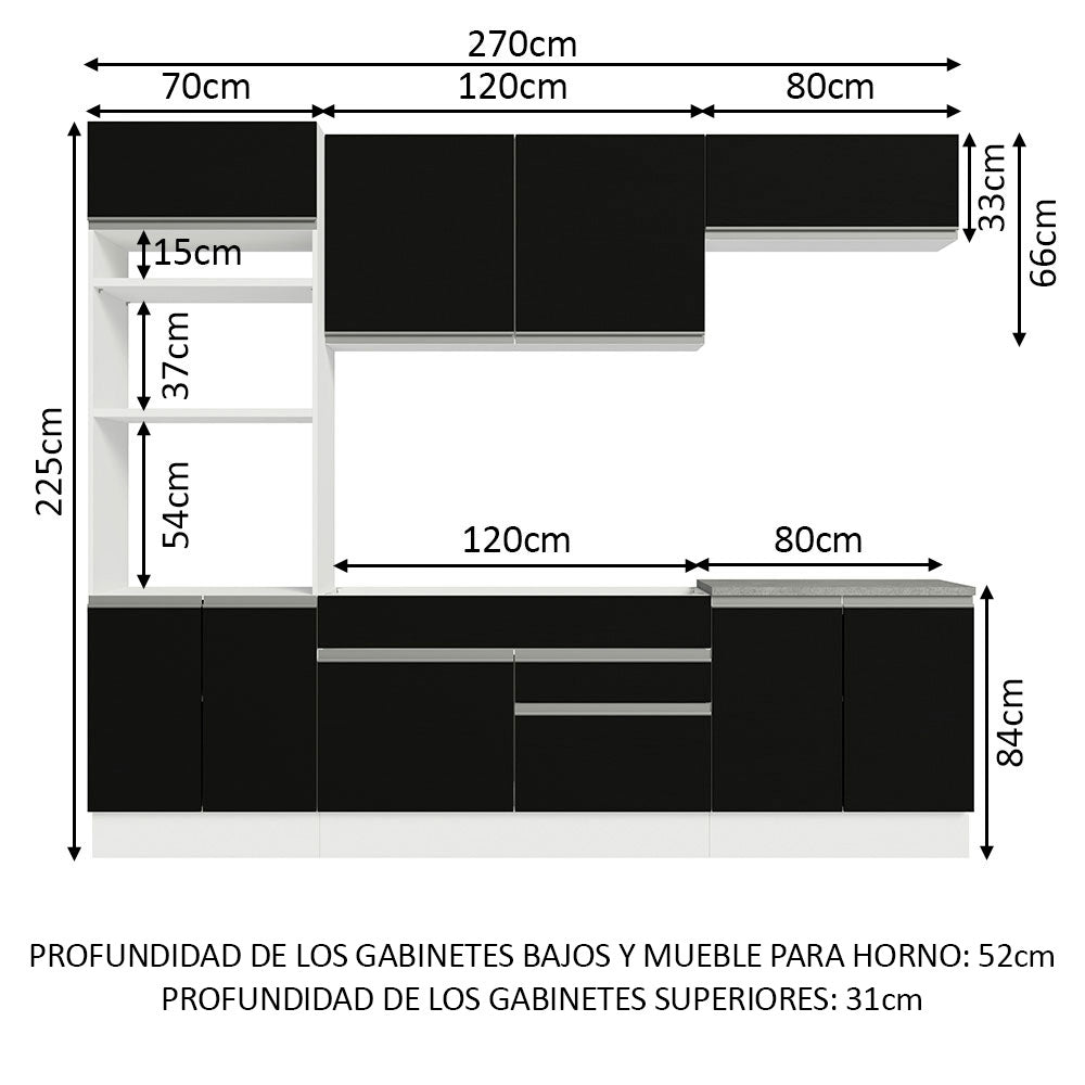 Cocina Integral 270 cm Con Mueble para Horno Blanco/Negro Glamy Madesa