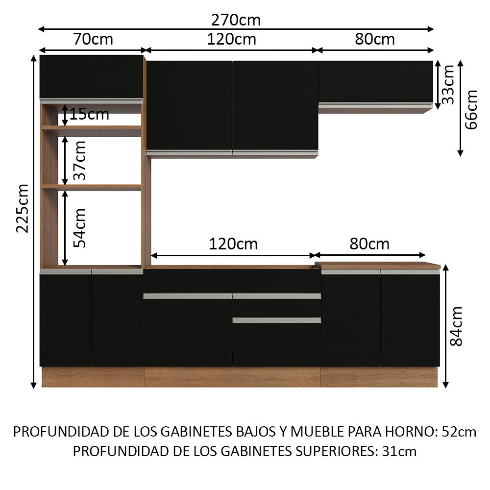 Cocina Integral 270 cm Con Mueble para Horno Marrón/Negro Glamy Madesa