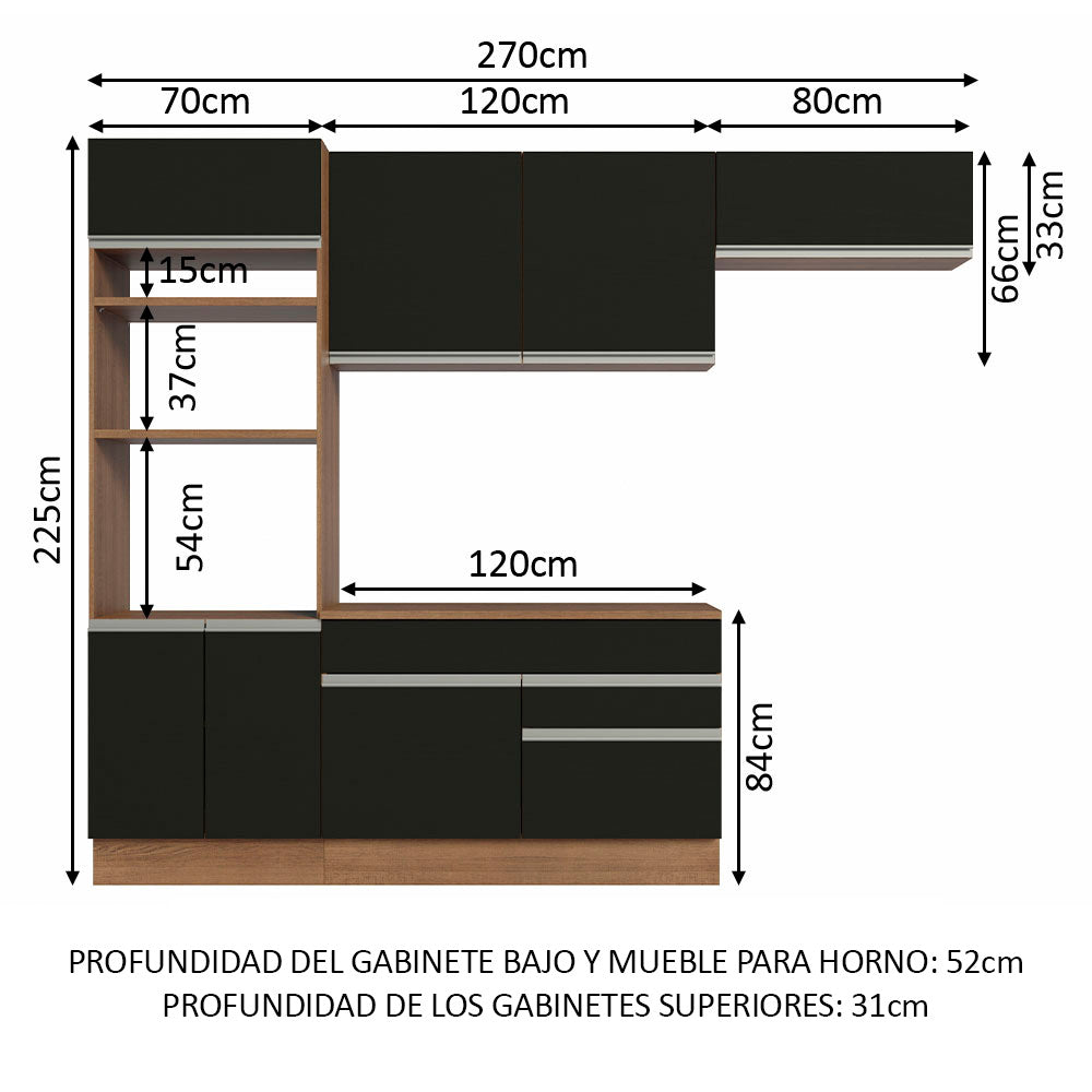 Cocina Integral 270 cm Con Mueble para Horno Marrón/Negro Glamy Madesa
