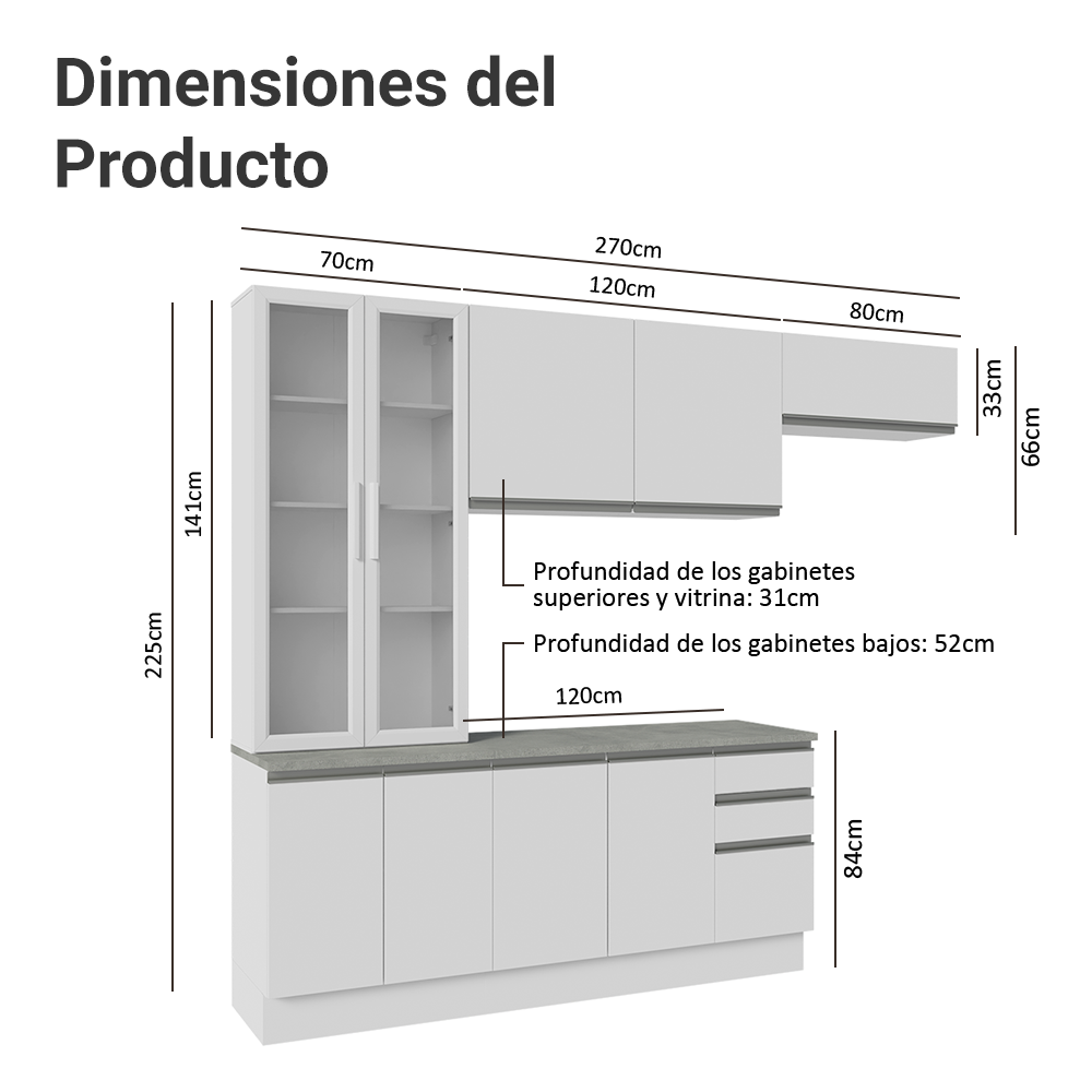 Cocina Integral 270 cm Con Vitrina Blanco Glamy Madesa