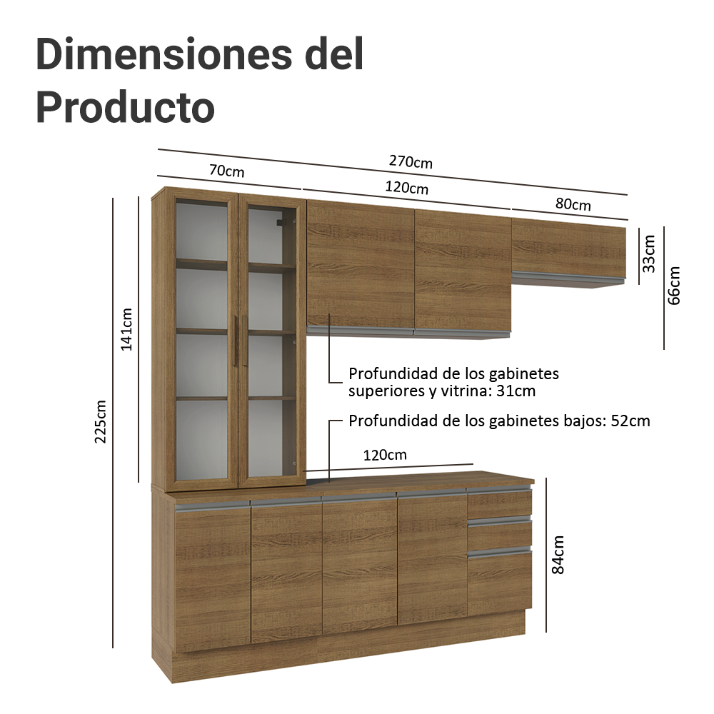 Cocina Integral 270 cm Con Vitrina Marrón Glamy Madesa