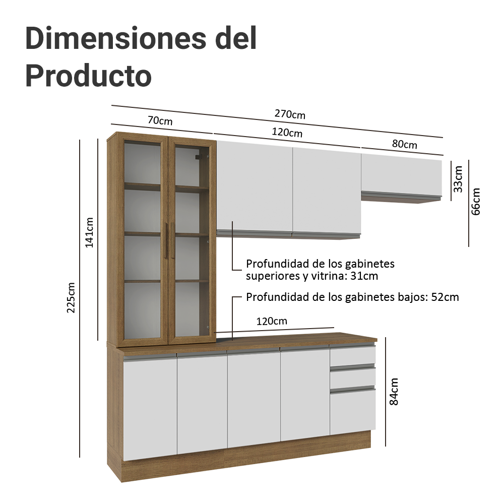Cocina Integral 270 cm Con Vitrina Marrón/Blanco Glamy Madesa