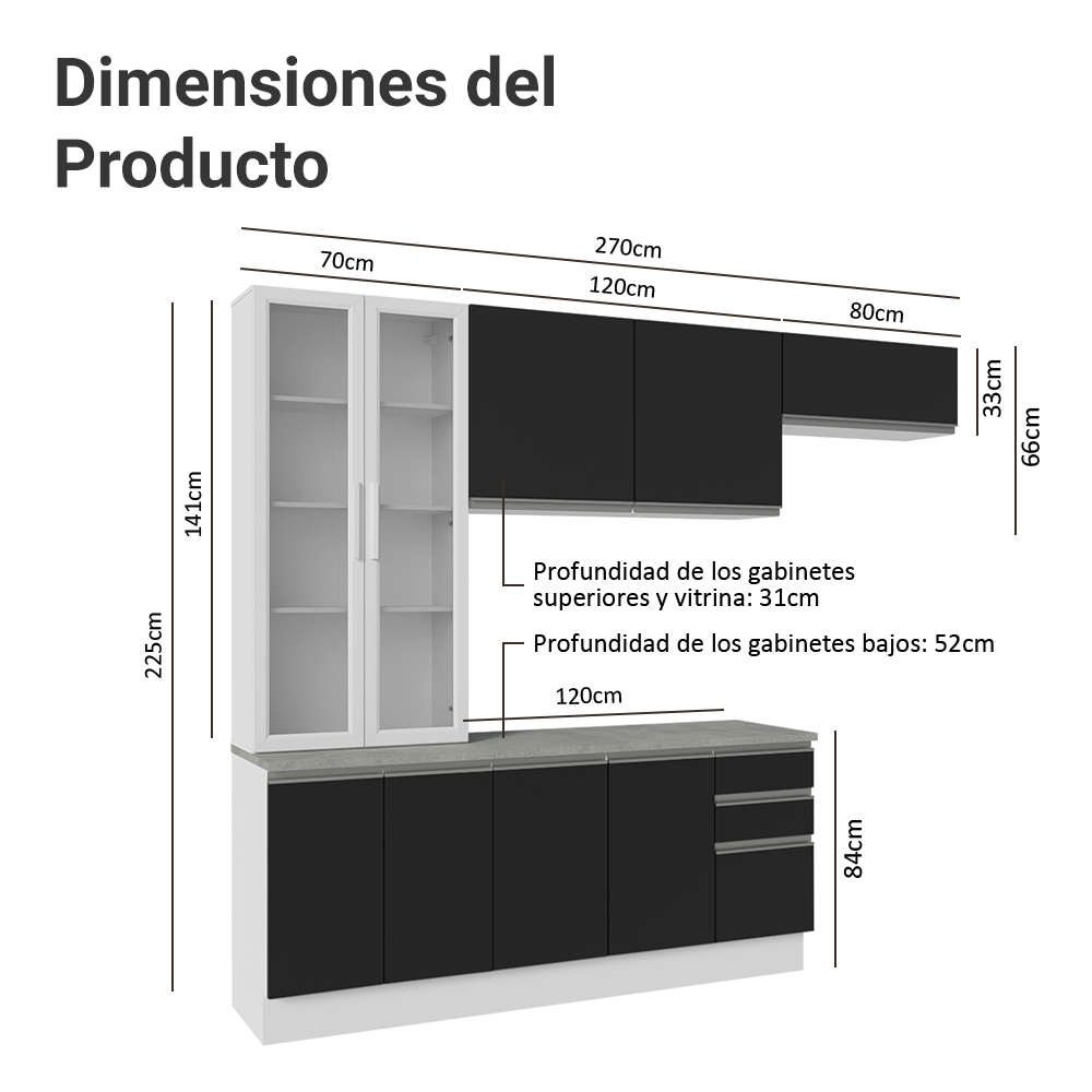 Cocina Integral 270cm Blanco/Negro Glamy 16