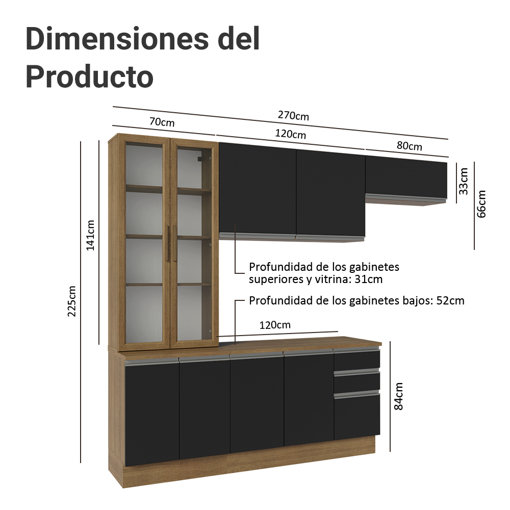 Cocina Integral 270 cm Con Vitrina Marrón/Negro Glamy Madesa