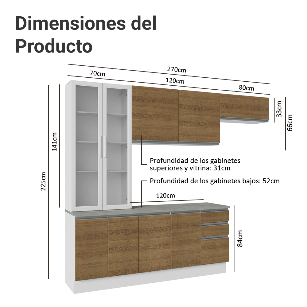 Cocina Integral 270 cm Con Vitrina Blanco/Marrón Glamy Madesa