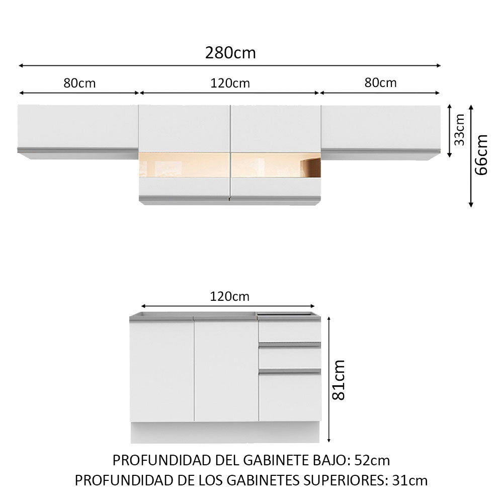 Cocina Integral 280 cm Blanco Glamy Madesa