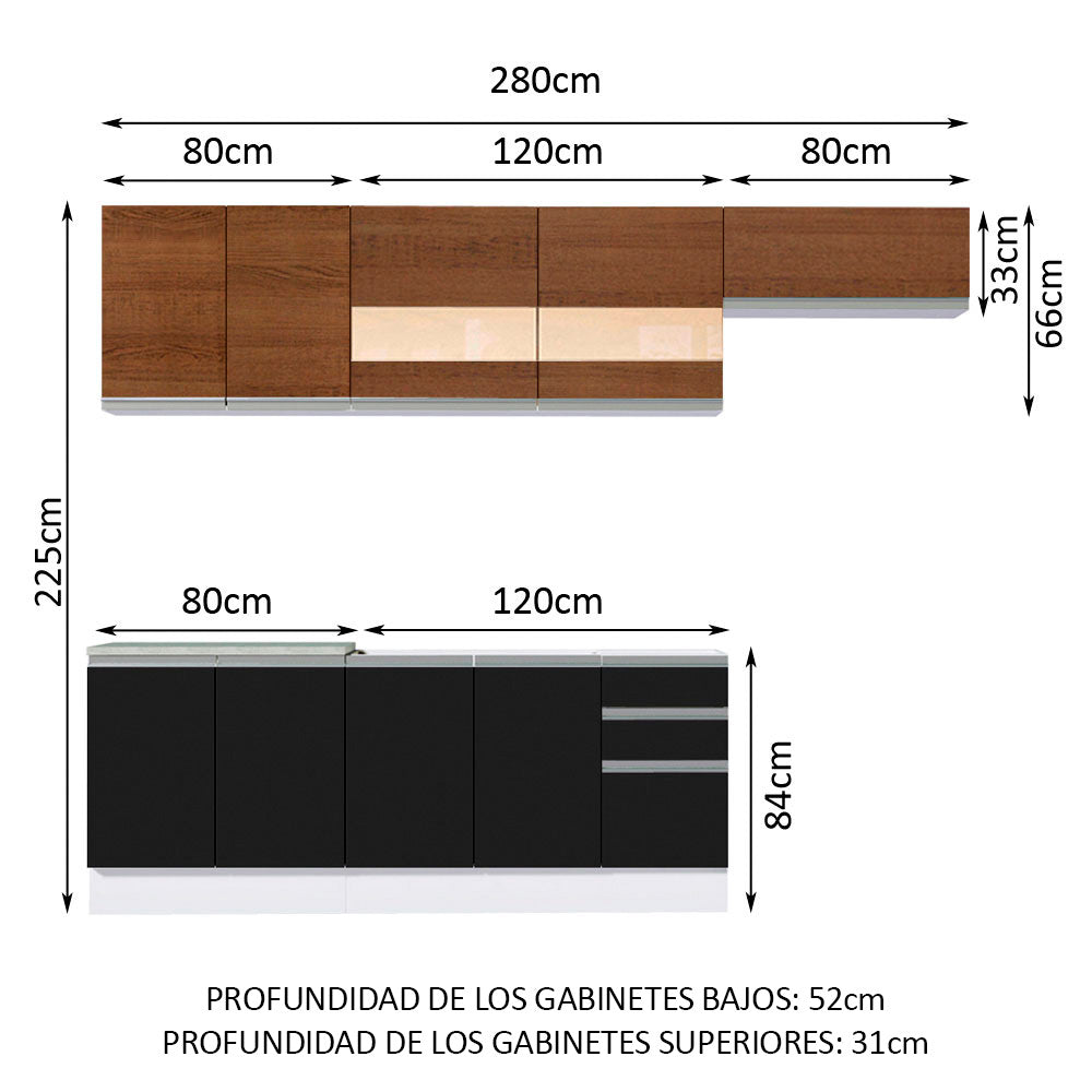 Cocina Integral 280 cm Blanco/Negro/Marrón Glamy Madesa