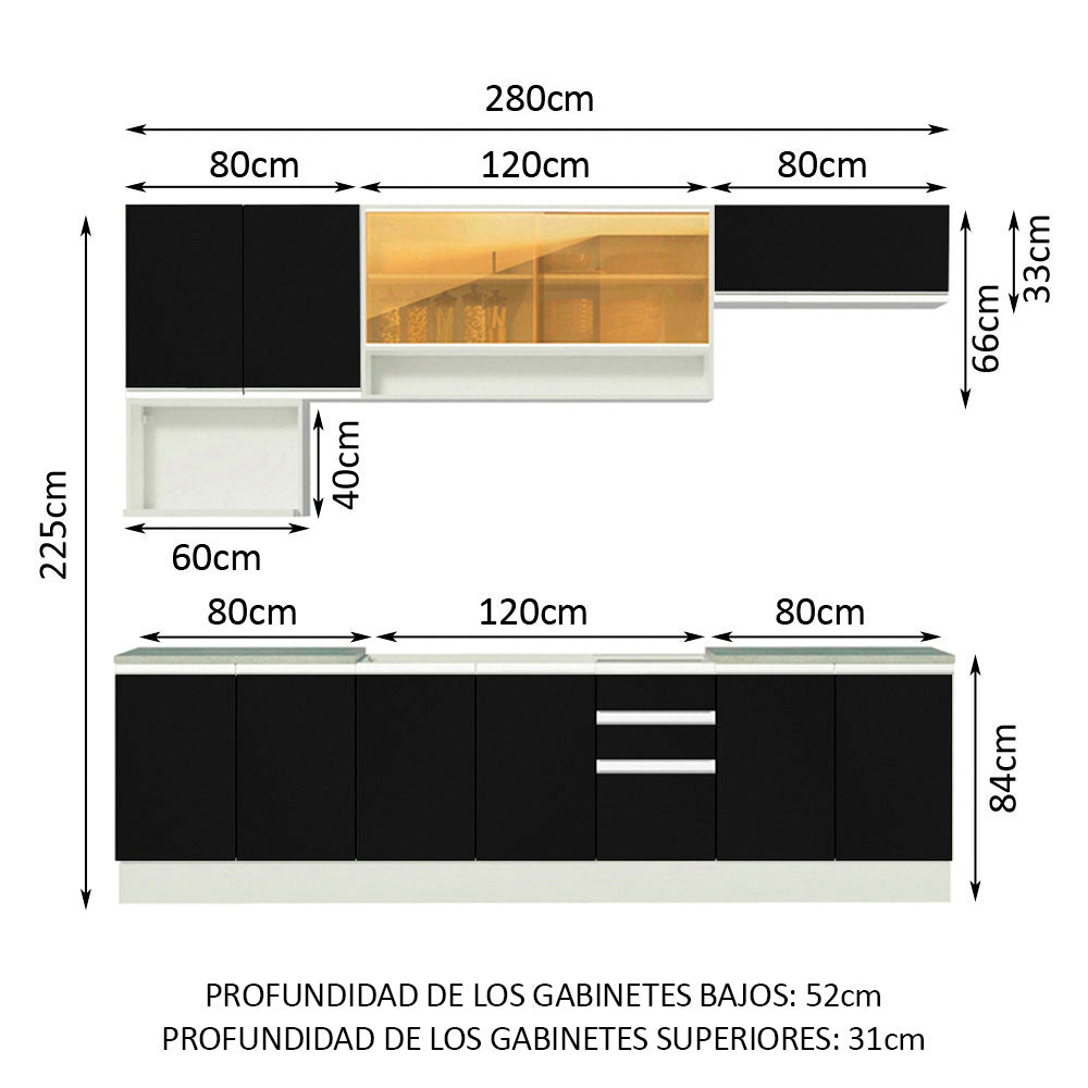 Cocina Integral 280 cm Blanco/Negro Glamy Madesa