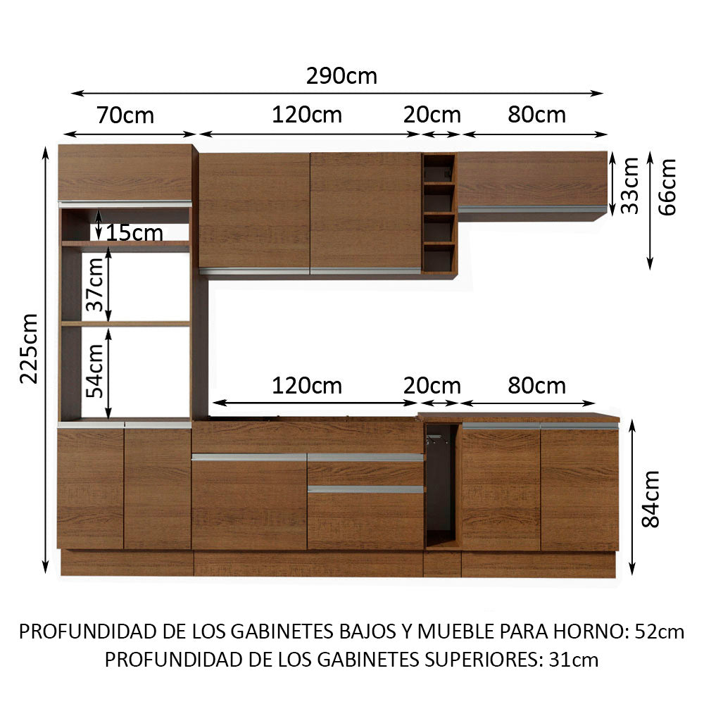 Cocina Integral 290 x 52 cm 9 Puertas 2 Cajones Con Mueble para Horno Marrón Glamy Madesa 12