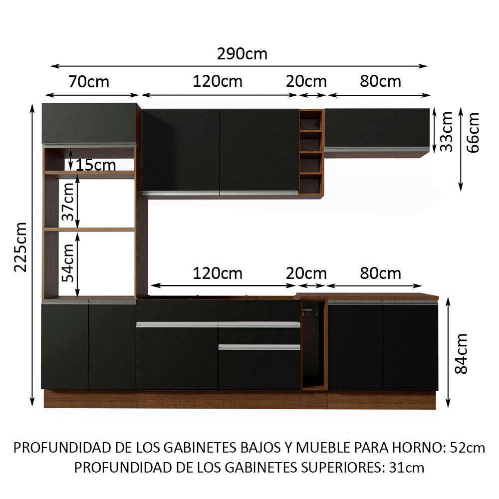 Cocina Integral 290 x 52 cm 9 Puertas 2 Cajones Con Mueble para Horno Marrón/Negro Glamy Madesa 02