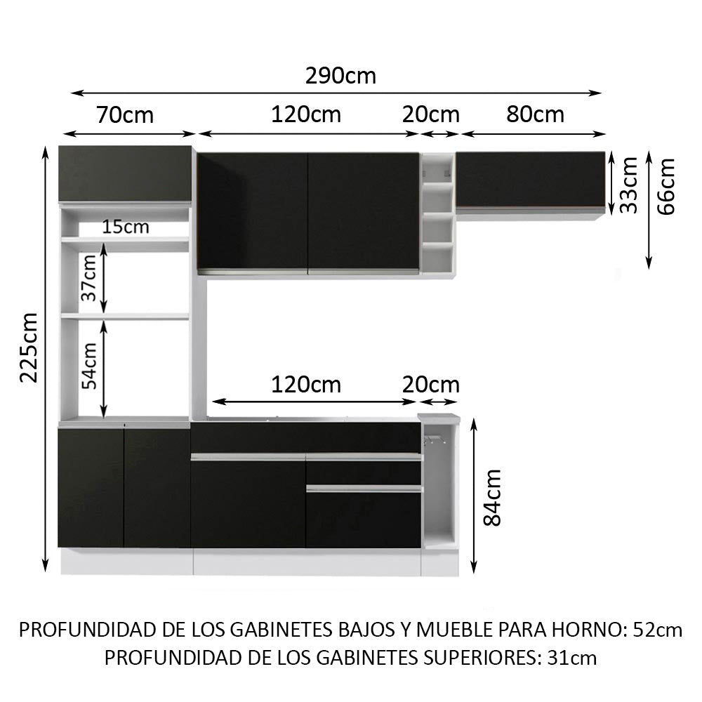 Cocina Integral 290 cm Con Mueble para Horno Blanco/Negro Glamy Madesa