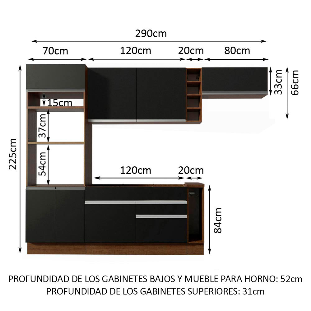Cocina Integral 290 x 52 cm 7 Puertas 2 Cajones Con Mueble para Horno Marrón/Negro Glamy Madesa 04
