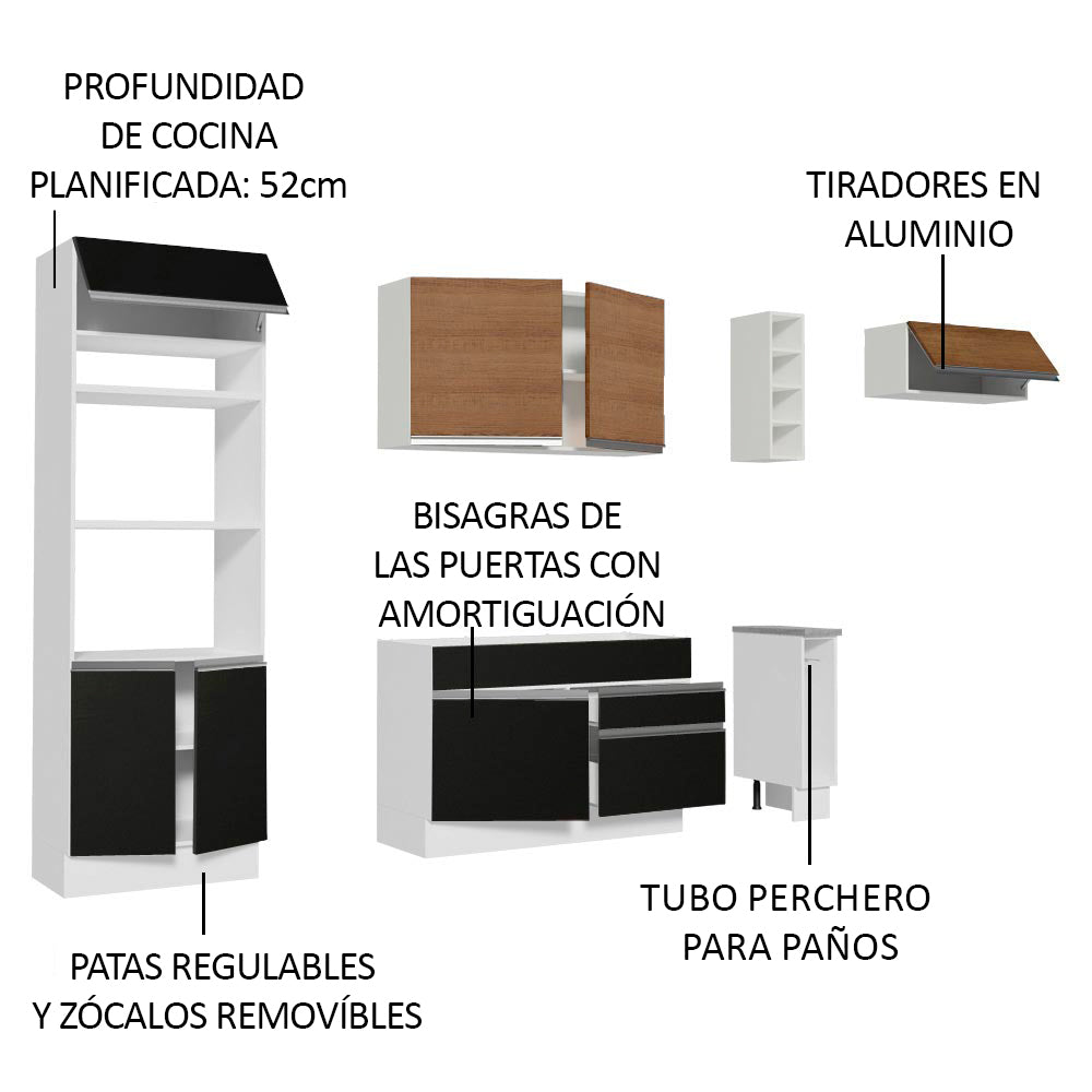 Cocina Integral 290 cm Con Mueble para Horno Blanco/Negro/Marrón Glamy Madesa