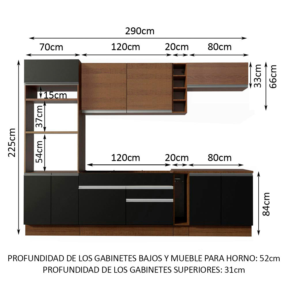 Cocina Integral 290 x 52 cm 9 Puertas 2 Cajones Con Mueble para Horno Marrón/Negro Glamy Madesa 07