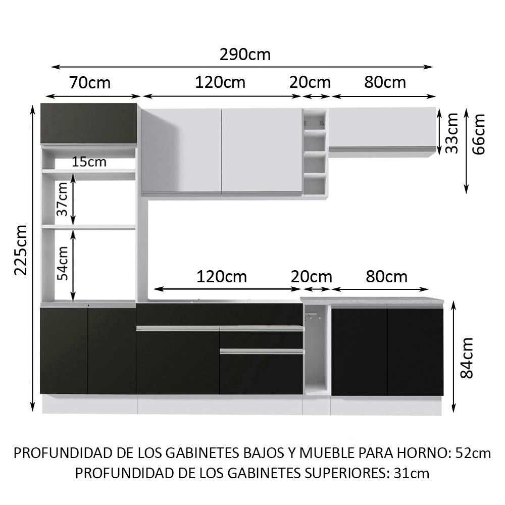 Cocina Integral 290 cm Con Mueble para Horno Blanco/Negro Glamy Madesa