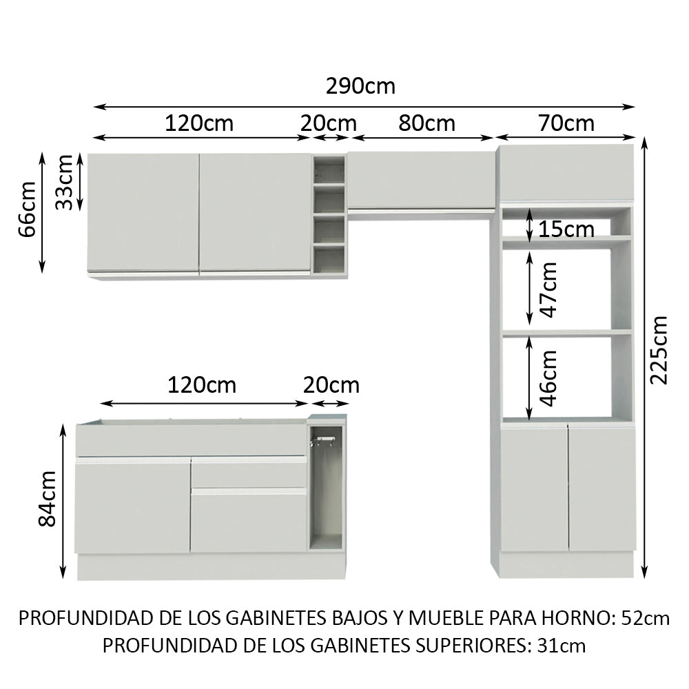 Cocina Integral 290 x 52 cm 7 Puertas 2 Cajones Con Mueble para Horno Blanco Glamy Madesa 10