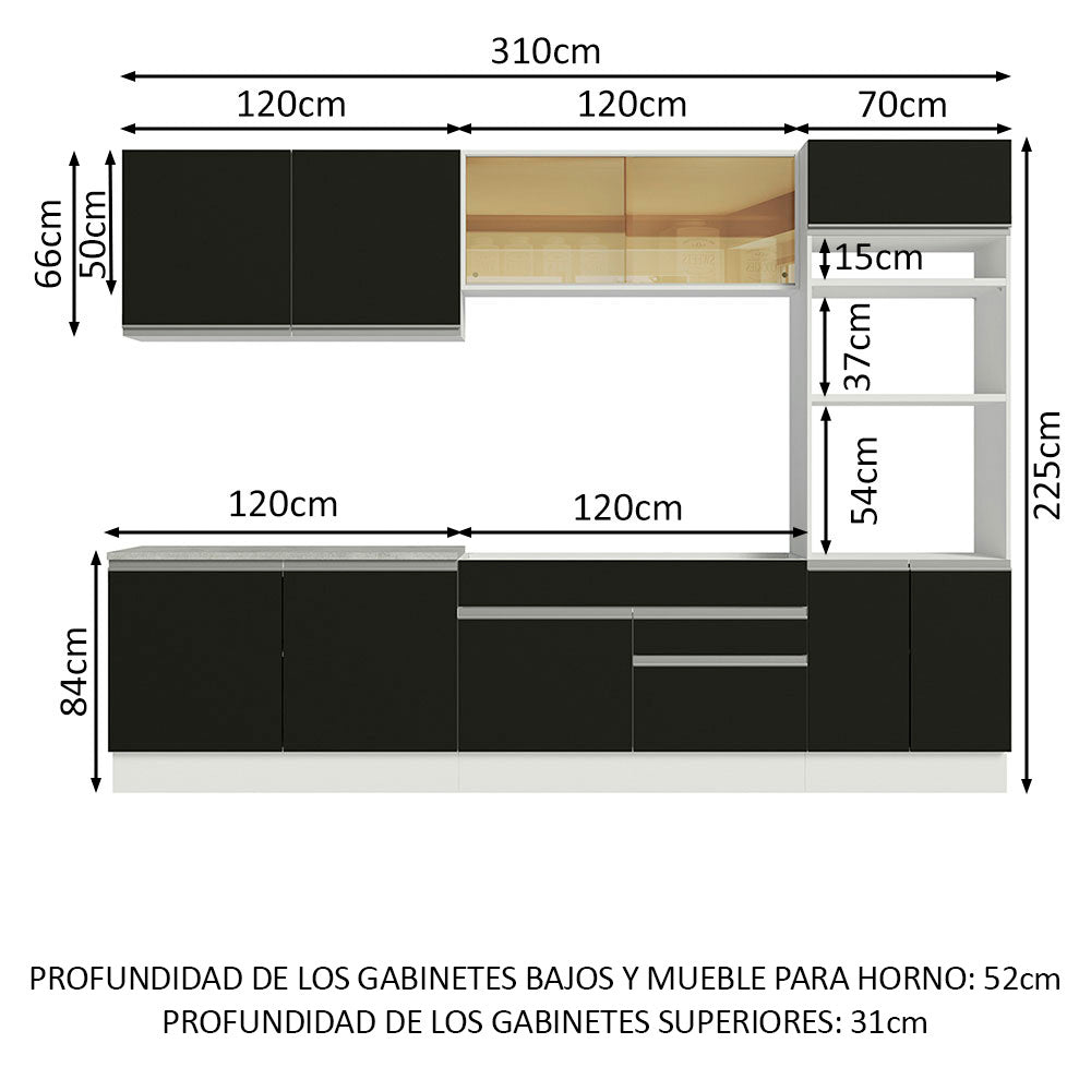 Cocina Integral 310 cm Con Mueble para Horno Blanco/Negro Glamy Madesa