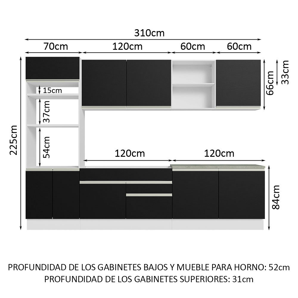 Cocina Integral 310 cm Con Mueble para Horno Blanco/Negro Glamy Madesa