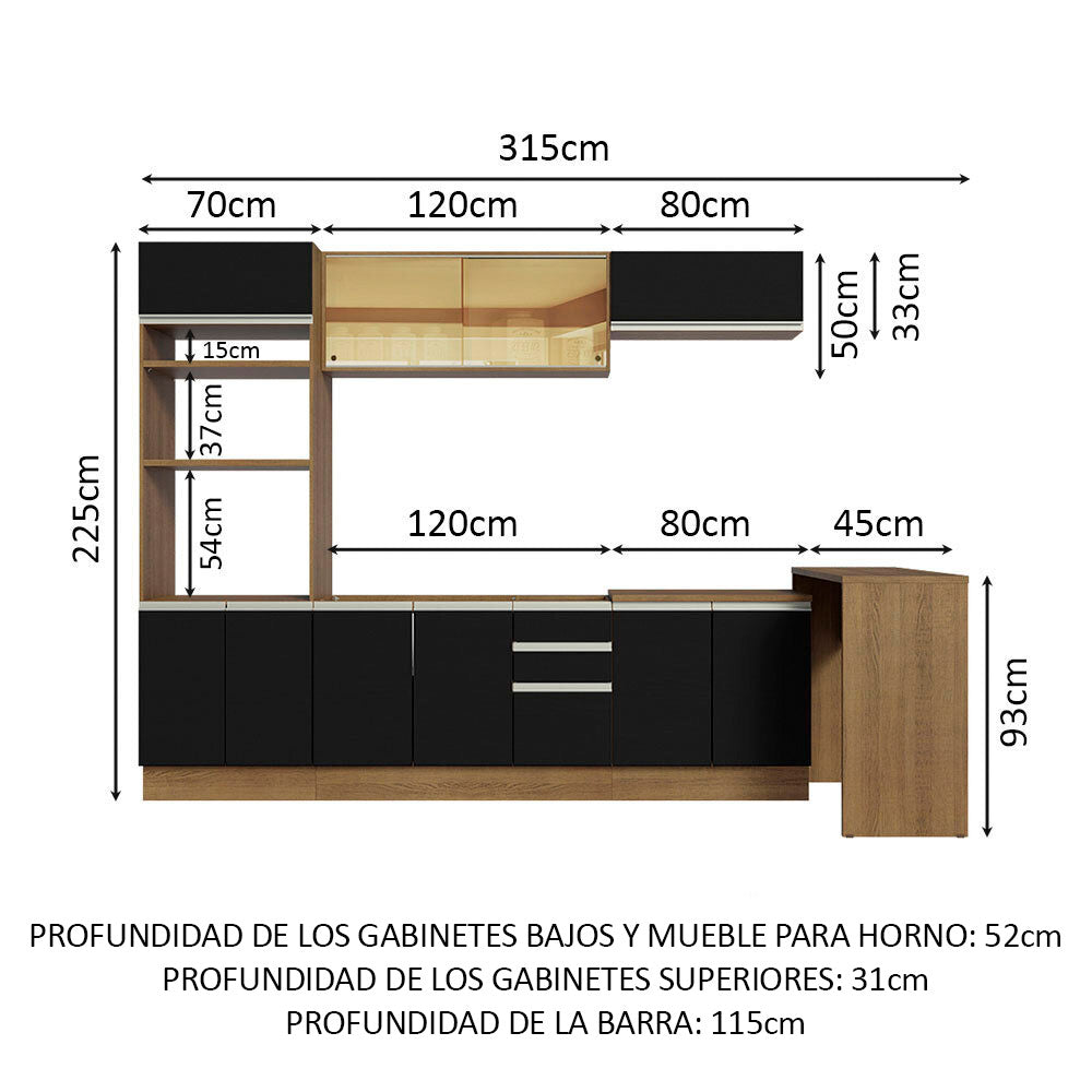 Kit Cocina Integral 315 cm y Barra de Cocina Marrón/Negro Glamy Madesa
