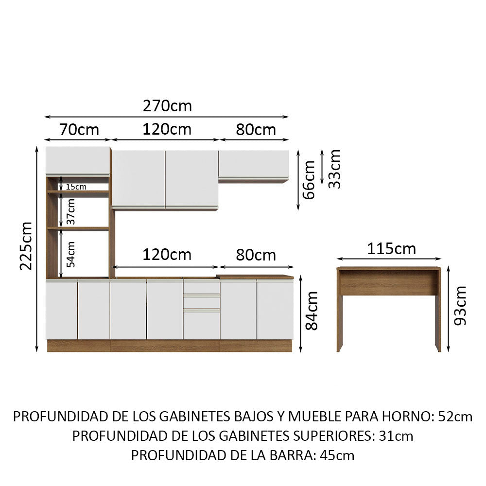 Kit Cocina Integral 385 cm y Barra de Cocina Marrón/Blanco Glamy Madesa