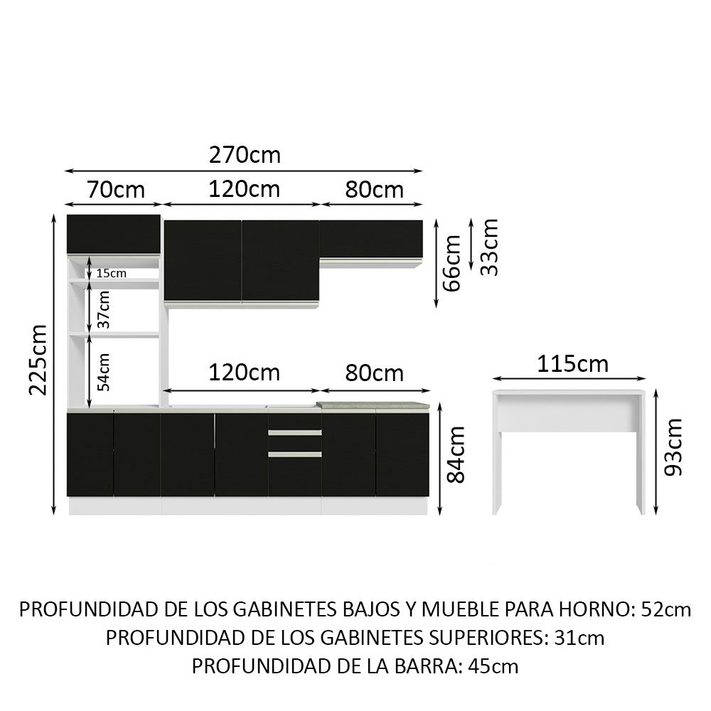 Kit Cocina Integral 385 cm y Barra de Cocina Blanco/Negro Glamy Madesa