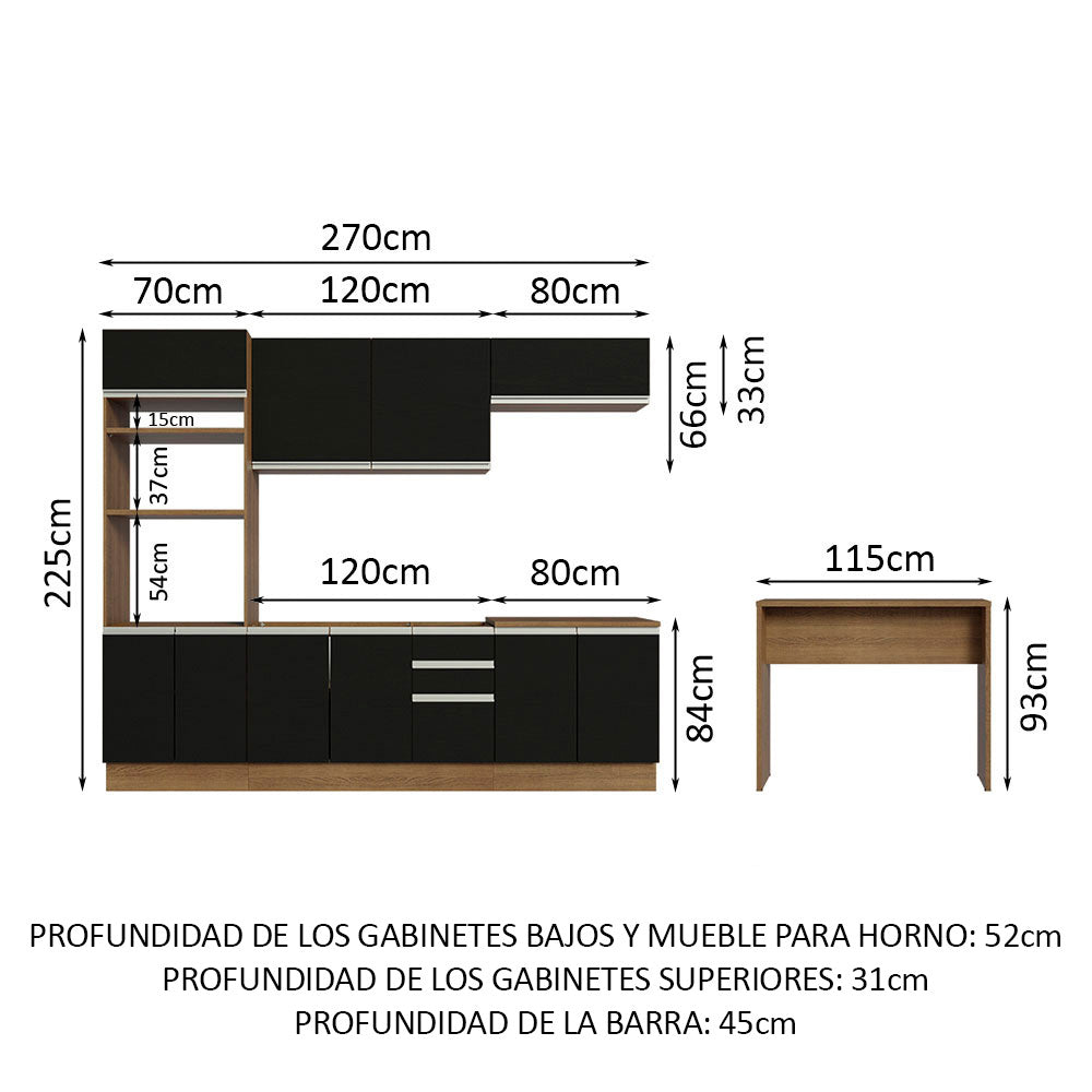 Kit Cocina Integral 315 cm y Barra de Cocina Marrón/Negro Glamy Madesa