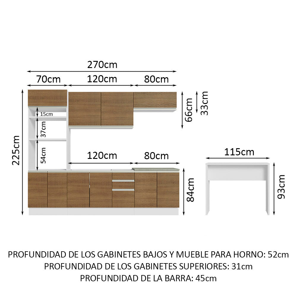 Kit Cocina Integral 385 cm Con Mueble para Horno y Barra de Cocina Blanco/Marrón Glamy Madesa