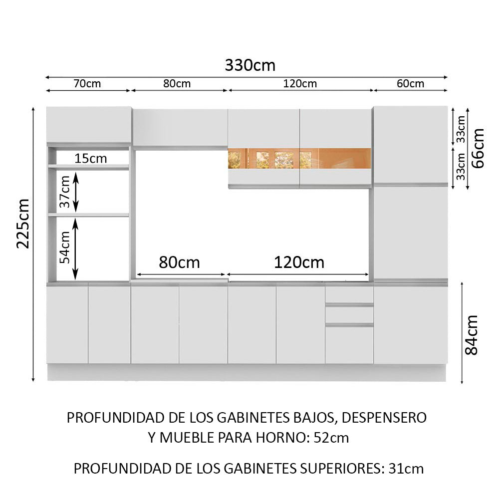 Cocina Integral 330 cm Con Mueble para Horno Blanco Glamy Madesa
