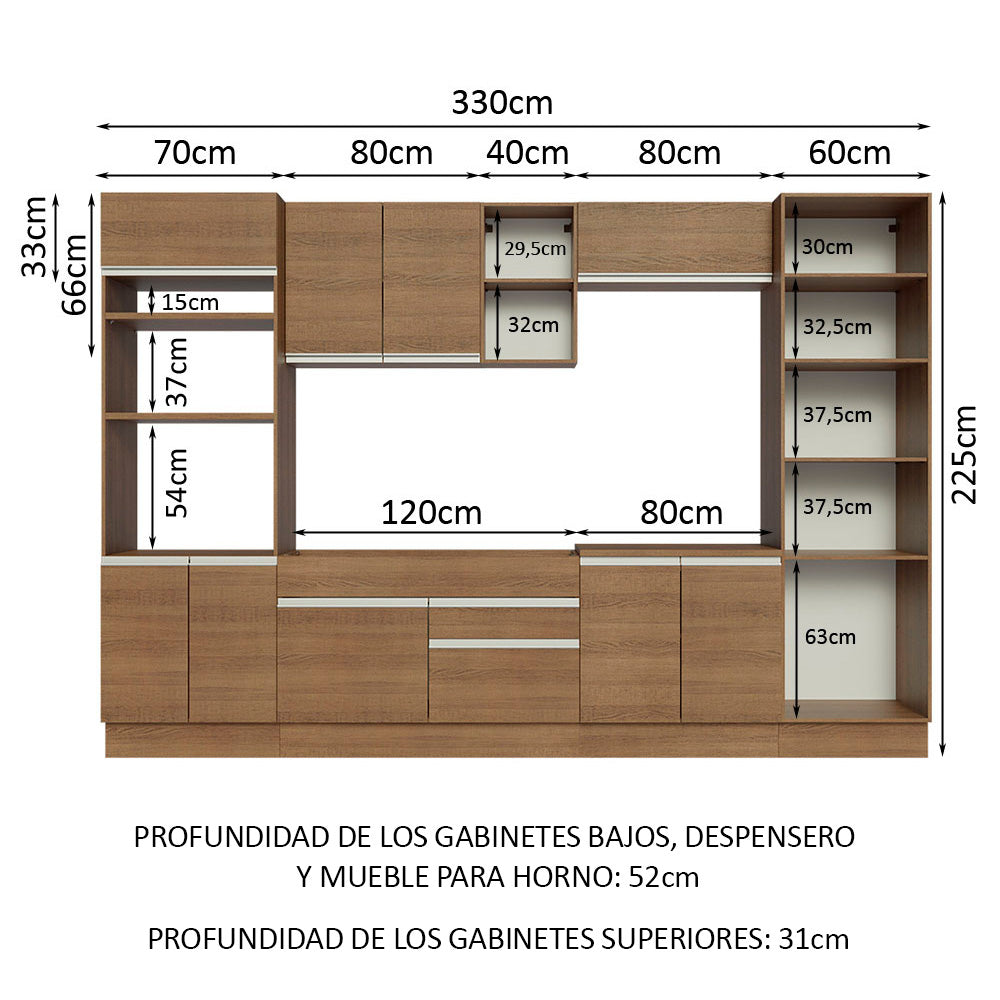 Cocina Integral 330 cm Con Mueble para Horno y Despensa Abierta Marrón Glamy Madesa