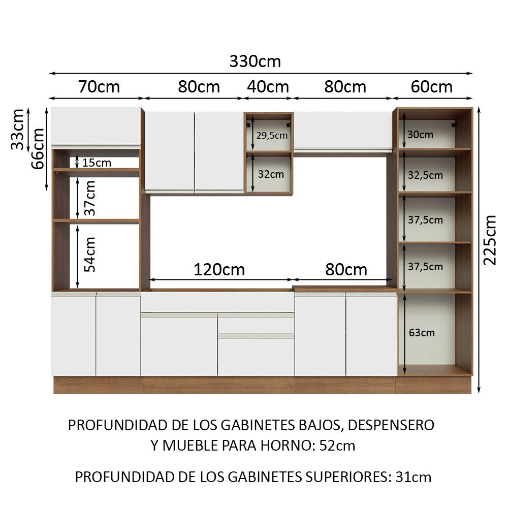 Cocina Integral 330 cm Con Mueble para Horno y Despensa Abierta Marrón/Blanco Glamy Madesa