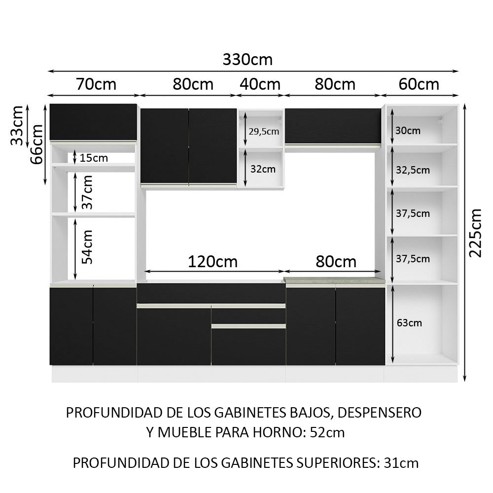 Cocina Integral 330 cm Con Mueble para Horno y Despensa Abierta Blanco/Negro Glamy Madesa