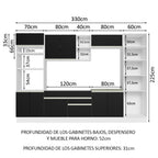 Cocina Integral 330 cm Con Mueble para Horno y Despensa Abierta Blanco/Negro Glamy Madesa