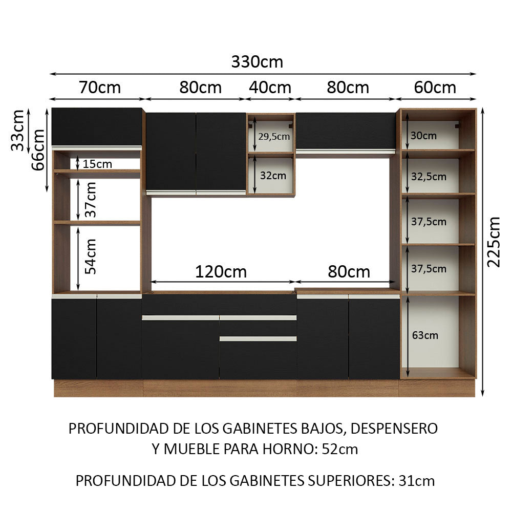 Cocina Integral 330 cm Con Mueble para Horno y Despensa Abierta Marrón/Negro Glamy Madesa