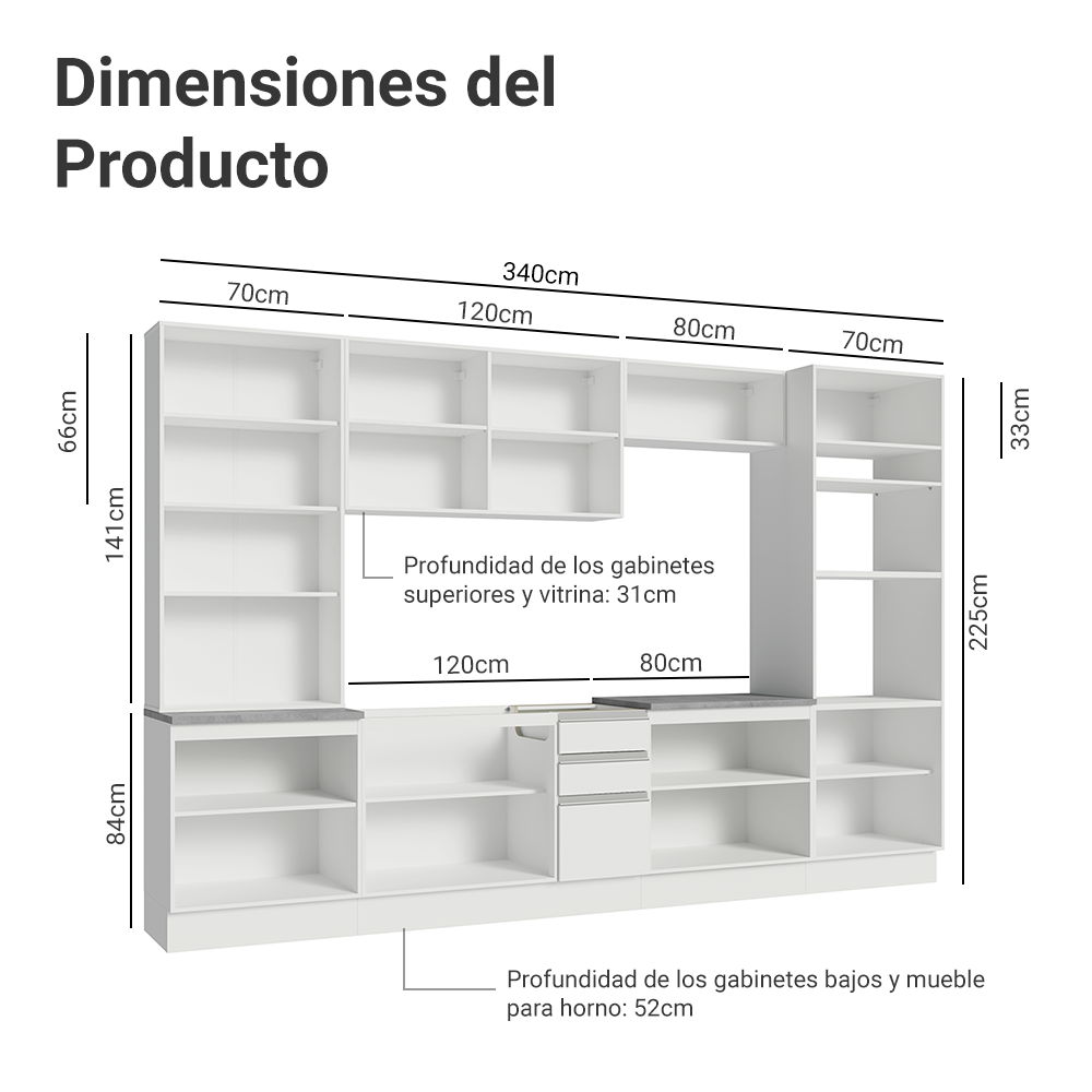 Cocina Integral 340 cm Con Vitrina y Mueble para Horno Blanco Glamy Madesa