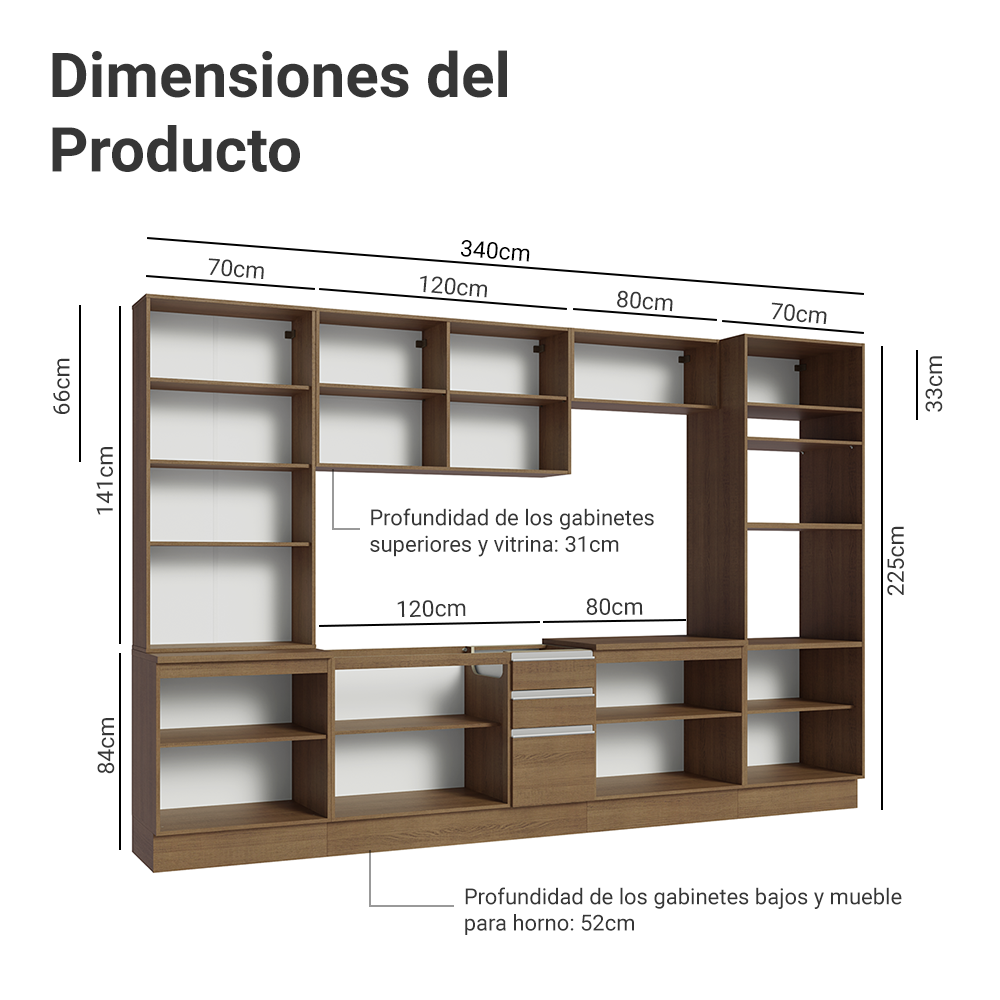 Cocina Integral 340 cm Con Vitrina y Mueble para Horno Marrón Glamy Madesa