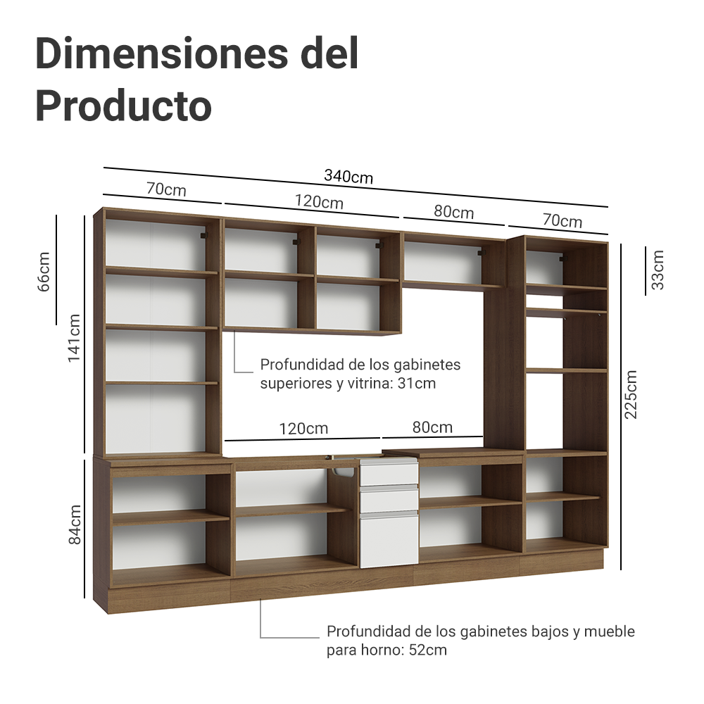 Cocina Integral 340 cm Con Vitrina y Mueble para Horno Marrón/Blanco Glamy Madesa