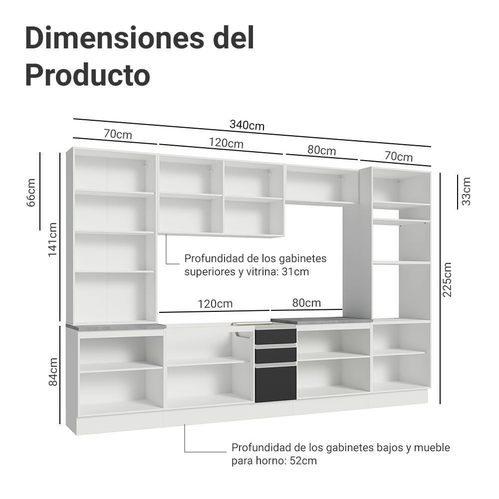 Cocina Integral 340 cm Con Vitrina y Mueble para Horno Blanco/Negro Glamy Madesa