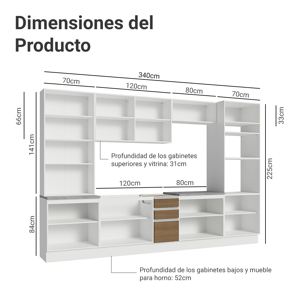 Cocina Integral 340 cm Con Vitrina y Mueble para Horno Blanco/Marrón Glamy Madesa