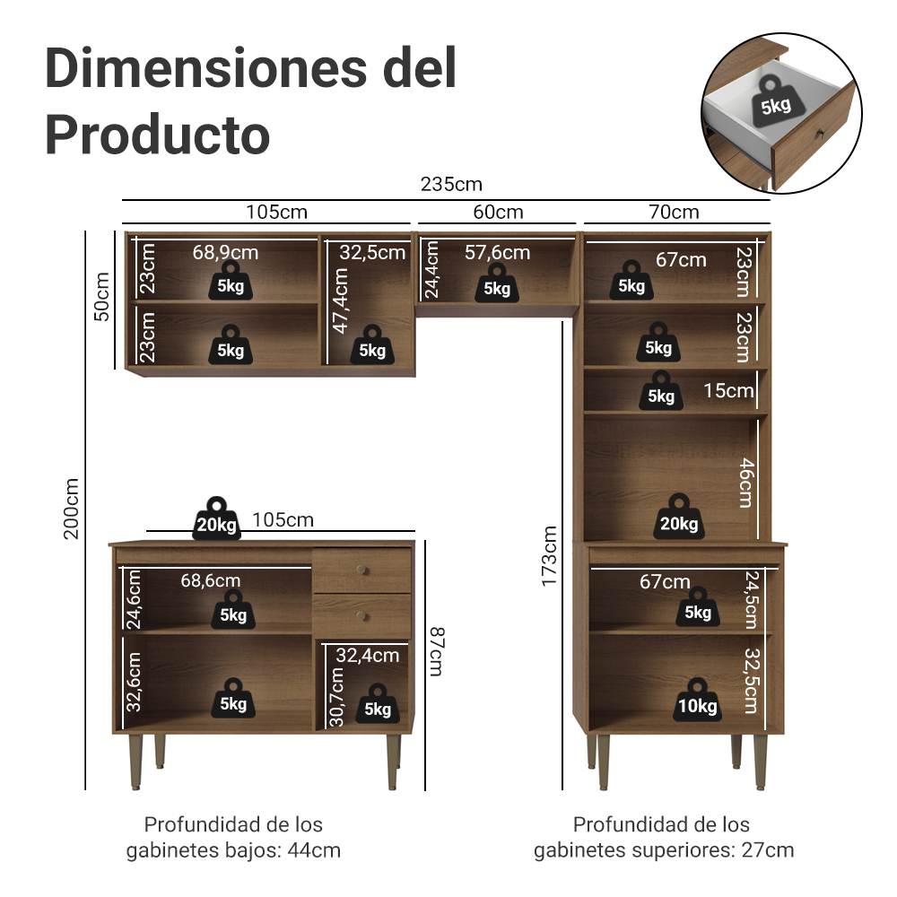 Cocina Compacta 235 cm 10 Puertas 2 Cajones Con Mueble para Horno Marrón Gourmet Madesa 01