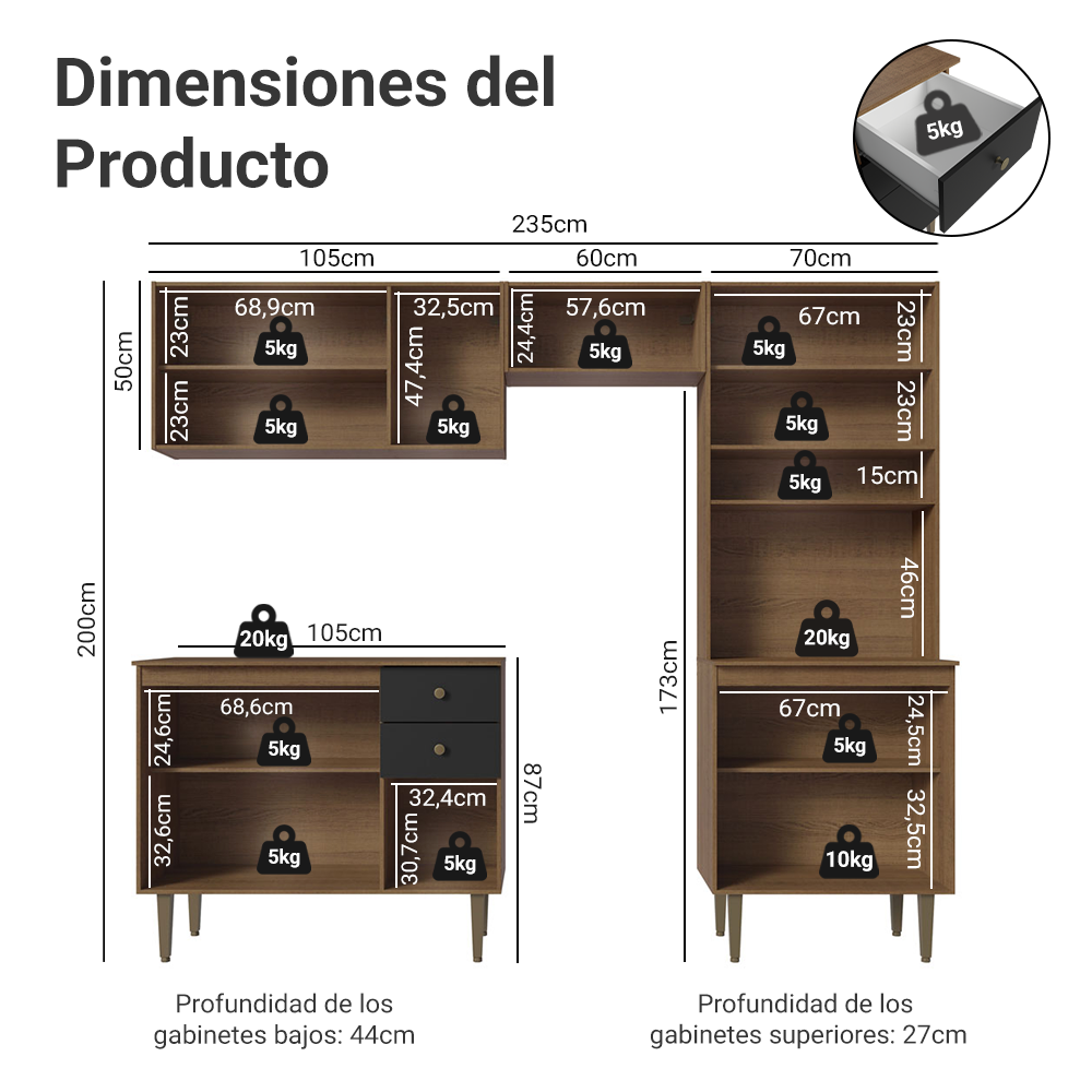 Cocina Compacta 235 cm Con Mueble para Horno Marrón/Negro Gourmet Madesa