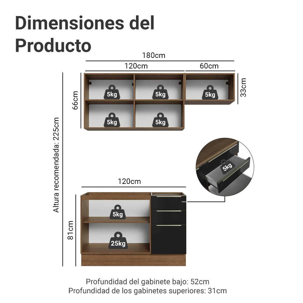 Cocina Integral 180 cm Marrón/Negro Lux Madesa 02