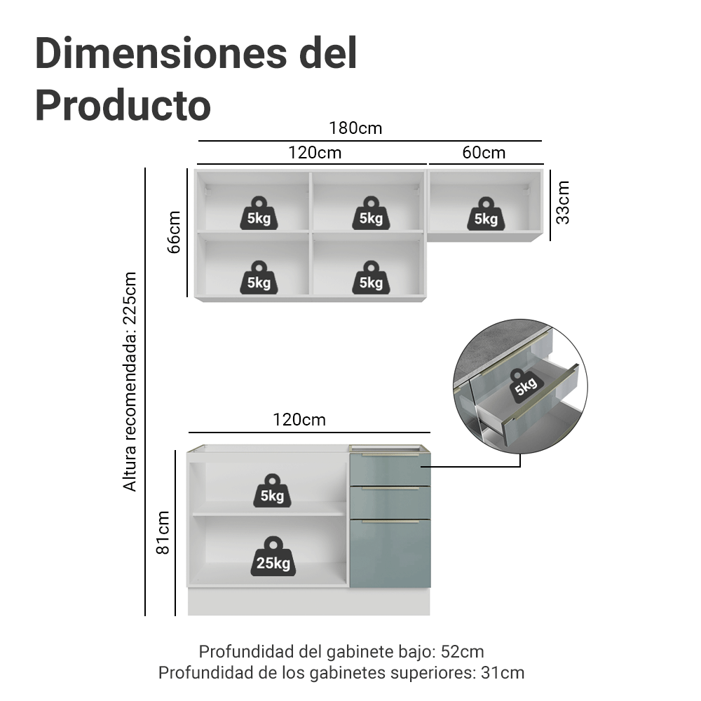 Cocina Integral 180 cm Blanco/Gris Lux Madesa 02