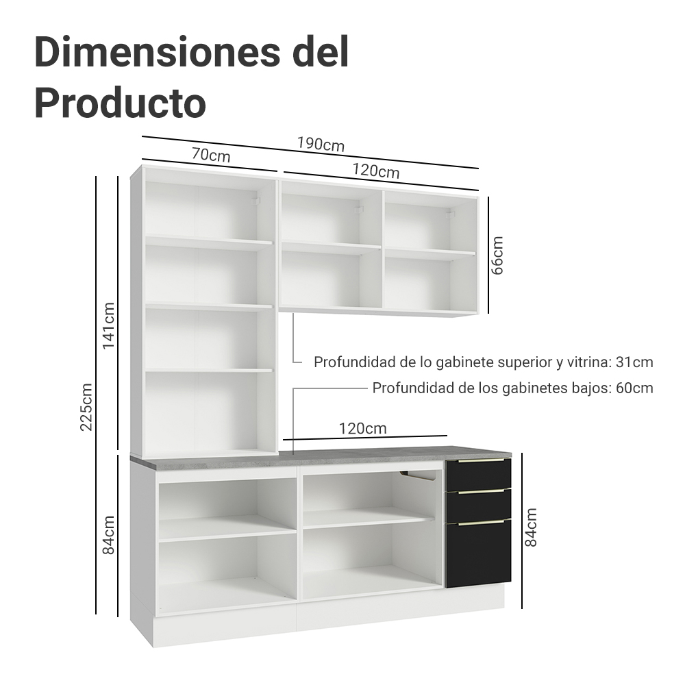 Cocina Compacta 190 cm Con Vitrina Blanco/Negro Lux Madesa