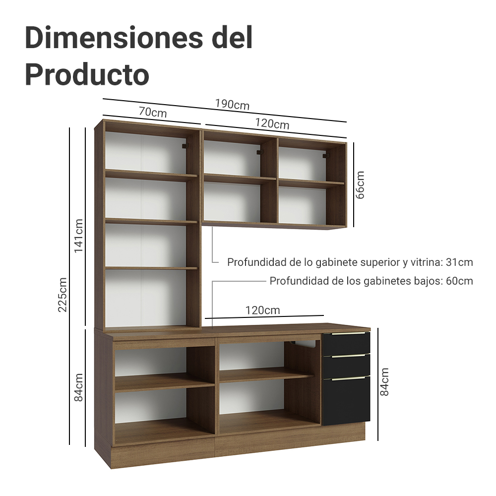 Cocina Compacta 190 cm Con Vitrina Marrón/Negro Lux Madesa