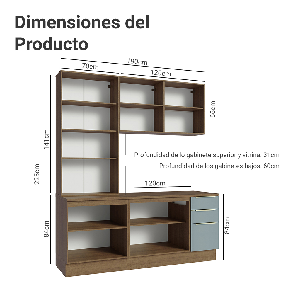 Cocina Compacta 190 cm Con Vitrina Marrón/Gris Lux Madesa