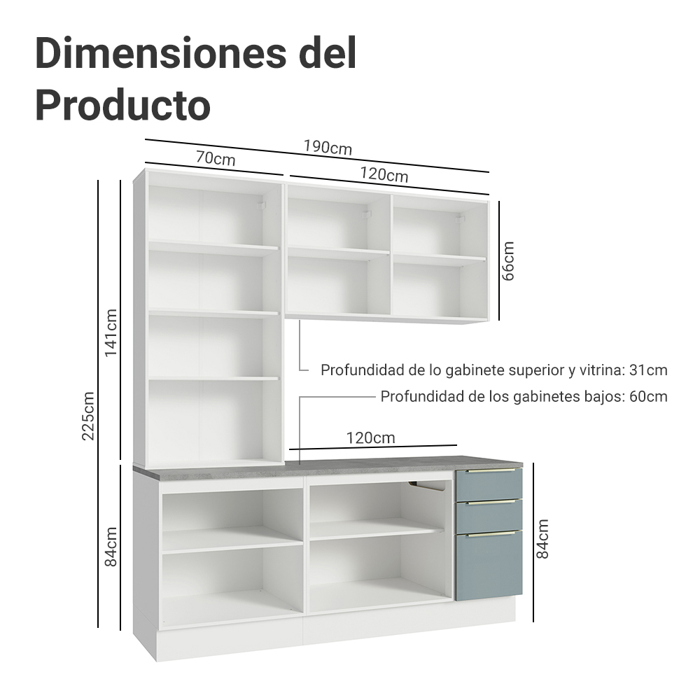 Cocina Compacta 190 cm Con Vitrina Blanco/Gris Lux Madesa