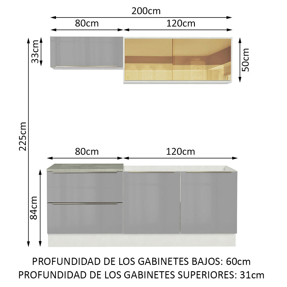 Cocina Integral 200cm Blanco/Gris Lux 01